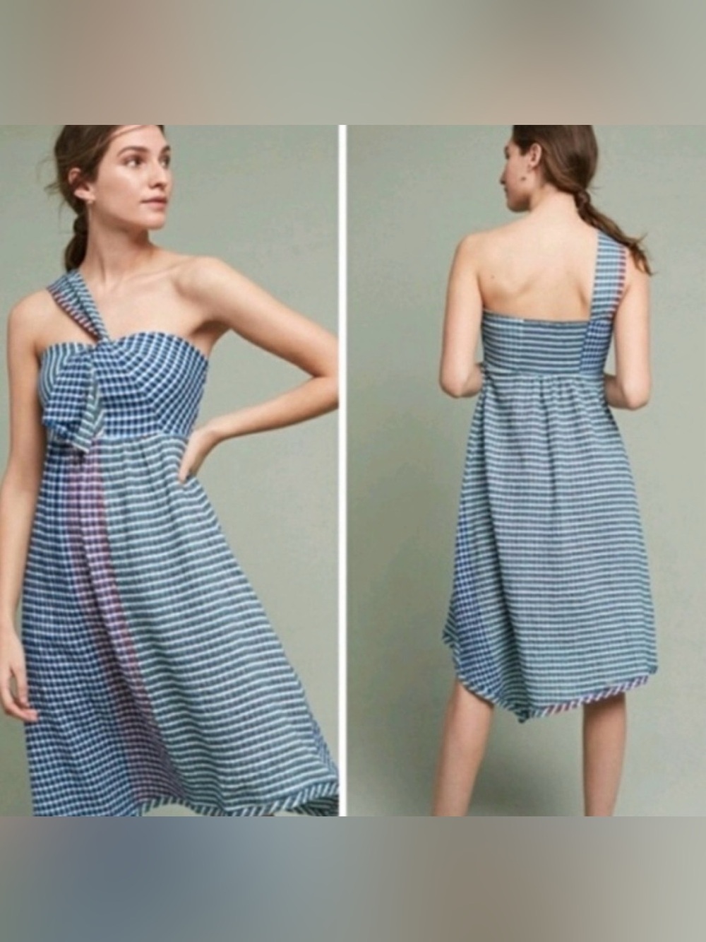 Anthropologie Maeve Blue and White Gingham One-Shoulder Sundress